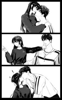 ! 1boy 1girl arms_around_neck awkwardtomato black_border black_hair black_sweater border breasts caleb_(love_and_deepspace) choker couple covering_another&#039;s_mouth dog_tags greyscale hair_between_eyes hand_in_another&#039;s_hair hand_over_another&#039;s_mouth hetero highres imminent_kiss kiss long_hair long_sleeves looking_at_another love_and_deepspace medium_breasts monochrome parted_lips protagonist_(love_and_deepspace) shirt short_hair sweater upper_body white_background white_shirt