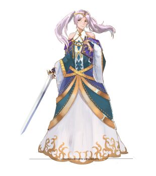 1girl alternate_costume book breasts closed_mouth commentary commission commissioner_name dress english_commentary english_text female_robin_(fire_emblem) fire_emblem fire_emblem_awakening full_body grey_hair highres holding holding_book holding_sword holding_weapon long_dress long_hair looking_at_viewer nintendo rod_langhi simple_background sleeveless sleeveless_dress smile solo standing sword twintails weapon white_background white_dress