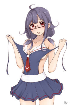 1girl absurdres bespectacled black_one-piece_swimsuit black_skirt breasts casual_one-piece_swimsuit commentary_request cowboy_shot glasses hair_flaps highres kantai_collection large_breasts long_hair low_twintails monokini neckerchief neve_(morris-minicooper) one-piece_swimsuit purple_hair red_eyes red_neckerchief sailor_collar sailor_one-piece_swimsuit semi-rimless_eyewear shiratsuyu-class_swimsuit simple_background skirt solo swimsuit swimsuit_skirt taigei_(kancolle) twintails under-rim_eyewear white_background white_sailor_collar