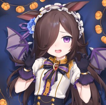 1girl animal_ears black_gloves blue_flower blue_rose breasts brown_hair flower gloves hair_over_one_eye halloween highres horse_ears horse_girl horse_tail long_hair looking_at_viewer mei_(ponponmei) open_mouth puffy_short_sleeves puffy_sleeves purple_eyes rice_shower_(make_up_vampire!)_(umamusume) rice_shower_(umamusume) rose shirt short_sleeves small_breasts solo tail umamusume white_shirt wings
