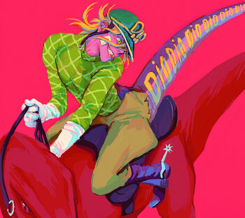 1boy black_boots blonde_hair boots commentary_request diego_brando dinosaur dinosaur_boy dinosaur_tail gloves green_helmet green_shirt hair_behind_ear helmet holding holding_reins jojo_no_kimyou_na_bouken long_sleeves looking_to_the_side male_focus patterned_clothing red_background red_eyes reins rvsa saddle sharp_teeth shirt simple_background slit_pupils solo spurs steel_ball_run stirrups_(riding) tail teeth tongue tongue_out white_gloves yellow_eyes