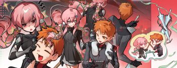 1girl black_gloves black_skirt black_suit blush bow breasts chibi commentary_request couple dress emiya_shirou fate/stay_night fate_(series) formal_clothes gaoyue_jixiang gloves hair_ornament highres holding holding_sword holding_weapon igote long_hair long_sleeves miniskirt momomiya_shizuku_(gaoyue_jixiang) oc_x_canon open_mouth orange_hair original pastels pink_eyes pink_hair print_ribbon red_hair ribbon skirt smile suit sword twintails weapon