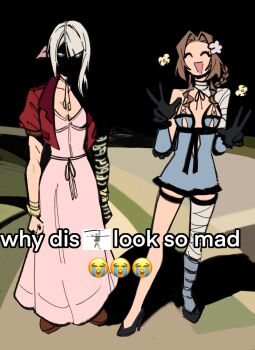 Rule 34 | 2girls, aerith gainsborough, aerith gainsborough (cosplay), bandaged arm, bandaged neck, bandages, bolo tie, bow, company connection, cosplay, costume switch, cropped jacket, crossover, crying emoji, double v, dress, emoji, final fantasy, final fantasy vii, final fantasy vii: ever crisis, hair bow, high heels, highres, jacket, kaine (nier), kaine (nier) (cosplay), meme, multiple girls, nier, nier (series), pink dress, red jacket, seilidare, single bare leg, single thighhigh, square enix, thighhighs, triangle mouth, v, white hair, why dis ninja look so mad (meme)