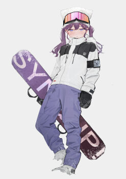 Rule 34 | 1girl, absurdres, armband, black coat, black mittens, blue eyes, blush, closed mouth, coat, commentary request, drawstring, full body, gakuen idolmaster, goggles, goggles on head, hat, highres, holding snowboard, hood, hood down, hooded coat, idolmaster, kaya rinha, long hair, looking at viewer, mittens, multicolored coat, o (oooooo04291), outdoors, pants, purple hair, purple pants, shoes, sidelocks, ski goggles, small sweatdrop, snow, snowboard, solo, standing, two-tone coat, white coat, white hat, white shoes, winter clothes