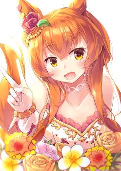 Rule 34 | 1girl, absurdres, animal ears, bare shoulders, blush, bouquet, breasts, bride, choker, collarbone, commentary request, dress, ear flower, flower, gloves, hair between eyes, hair flower, hair ornament, heart, highres, holding, holding bouquet, horse ears, horse girl, horse tail, kanzakietc, long hair, looking at viewer, mayano top gun (sunlight bouquet) (umamusume), mayano top gun (umamusume), official alternate costume, open mouth, orange eyes, orange flower, orange hair, orange rose, orange tail, rose, small breasts, smile, solo, strapless, strapless dress, tail, umamusume, v, wedding dress, white choker, white dress, white gloves, yellow flower