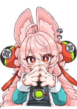 1girl absurdres ahoge animal_ear_fluff animal_ear_piercing animal_ears blush braid braided_twintails bright_pupils commentary_request covered_mouth furry furry_female green_shirt highres long_hair looking_at_viewer maiq06 own_hands_together pink_fur pink_hair rabbit_ears rabbit_girl red_eyes screw shirt short_eyebrows simple_background solo thick_eyebrows upper_body white_background white_pupils zenless_zone_zero zhao_(zenless_zone_zero)