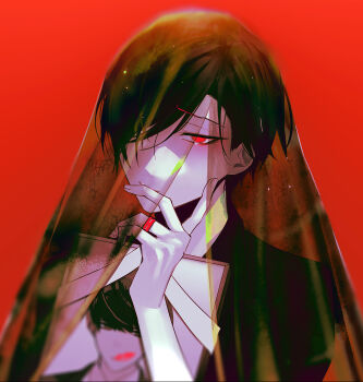 Rule 34 | 1boy, ariake (ooe), biting own finger, commentary, highres, holding, holding picture frame, iei, kurosawa (adelta), male focus, official art, ooe (game), oosaki (ooe), picture frame, red background, red eyes, see-through clothes, see-through veil, string, string of fate, untranslatable commentary, veil