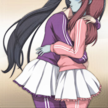 2girls black_hair blush brown_background colored_skin gradient_background grey_skin hug jacket long_hair long_sleeves minamoto_sakura multiple_girls open_mouth pants pink_jacket pink_pants ponytail purple_jacket purple_pants red_hair skirt standing t_jiroo_(ringofriend) track_jacket track_suit white_skirt yamada_tae zombie zombie_land_saga