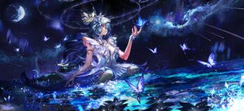 1girl absurdres armlet blue_butterfly blue_hair blue_veil breasts bug butterfly butterfly_on_hand chinese_commentary closed_mouth colored_eyelashes commentary_request commission cross-section dress highres insect jewelry kingocean large_breasts long_hair night octoling outdoors purple_eyes purple_pupils shorekeeper_(wuthering_waves) sky sleeveless sleeveless_dress solo two-tone_veil veil waves white_dress white_veil wuthering_waves