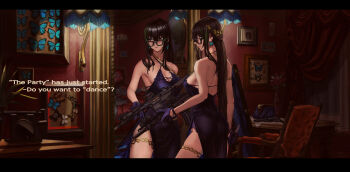 1girl absurdres armlet assault_rifle bare_shoulders black_hair blue_dress breasts bug butterfly caption cleavage cowboy_shot dark_room dress earrings evening_gown girls'_frontline glasses gloves green_hair gun highres huge_filesize insect jewelry large_breasts letterboxed long_hair m4_carbine m4a1_(girls'_frontline) mirror multicolored_hair rail_(weapon) rifle side_slit streaked_hair thighlet utsuda weapon