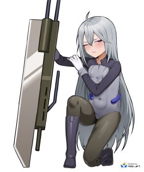 Rule 34 | 1girl, absurdres, ahoge, artist name, battle demon kirsten, black boots, bodysuit, boots, commentary, covered navel, flat chest, full body, gloves, grey hair, gunblade, hand on own arm, high collar, highres, holding, holding weapon, kirsten (battle demon kirsten), knee boots, leaning on weapon, long hair, nisp art, on one knee, one eye closed, planted, planted sword, planted weapon, purple eyes, squinting, sword, weapon, white background, white gloves