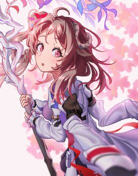 1girl absurdres animal_ears arknights blush brown_hair eyjafjalla_(arknights) highres holding holding_staff horns long_hair long_sleeves looking_at_viewer on_shoulder open_mouth pink_eyes selene_(yechan1245) sheep_ears sheep_girl sheep_horns solo staff