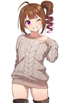 1girl :d ;d ahoge blush boots brown_hair collarbone cowboy_shot grey_sweater grin idolmaster idolmaster_million_live! jewelry kamille_(vcx68) looking_at_viewer necklace no_pants one_eye_closed open_mouth panties pink_eyes ringlets side_ponytail sidelocks simple_background single_bare_shoulder smile solo sweater thigh_boots underwear white_background white_panties yokoyama_nao