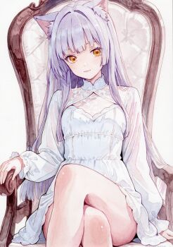 1girl absurdres animal_ear_fluff animal_ears armchair breasts cat_ears cat_girl chair commentary_request crossed_legs dress grey_hair highres light_smile long_hair looking_at_viewer mannmaruu on_chair original painting_(medium) see-through_clothes see-through_dress sitting small_breasts solo traditional_media watercolor_(medium) white_dress yellow_eyes