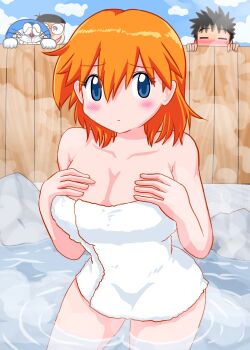 1girl 3boys aged_up black_hair blood blue_eyes blush breasts brock_(pokemon) cleavage covering_privates crossover doraemon doraemon_(character) glasses hair_down large_breasts misty_(pokemon) multiple_boys naked_towel nintendo nobi_nobita nosebleed onsen orange_hair peeking pokemon pokemon_(anime) pokemon_(classic_anime) pokemon_rgby short_hair steam thighs towel wading water