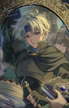 Rule 34 | 2boys, 2girls, 3boys, absurdres, arle nadja, armor, birthday cake, blonde hair, blue eyes, blue hairband, blue headband, book, brown hair, cake, cape, closed eyes, commentary request, different reflection, fingerless gloves, food, gift, gloves, green hair, hairband, happy, happy birthday, headband, highres, holding, holding book, holding gift, holding sword, holding weapon, long hair, looking at viewer, madou monogatari, male focus, mirror, multiple boys, multiple girls, open mouth, pancake, pancake stack, plate, pointy ears, puyopuyo, reflection, rulue (puyopuyo), satan (puyopuyo), schezo wegey, short hair, smile, soinjan, solo focus, souffle pancake, sword, weapon, white hair