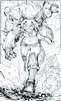 2girls absurdres ahoge ahoge_wag animal_ears commentary_request expressive_hair fingerless_gloves flat_chest gloves hair_between_eyes hair_flowing_over highres horse_ears horse_girl horse_tail kindergarten_uniform lightning_bolt_symbol monochrome multiple_girls navel nervous_tama-chan_pose niwarhythm oguri_cap_(umamusume) open_clothes open_mouth pants running shoes smile smock sneakers solo_focus sports_bra stomach tail tamamo_cross_(umamusume) tamamo_cross_(with_lightning_speed)_(umamusume) umamusume