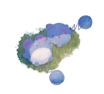 :< :3 animal_focus bad_id bad_pixiv_id black_eyes blush butter_(oshi8kyoumoh) closed_eyes closed_mouth full_body gen_2_pokemon grass happy lying marill nintendo no_humans on_back on_ground on_stomach open_mouth pokemon pokemon_(creature) shade simple_background sleeping smile u_u white_background