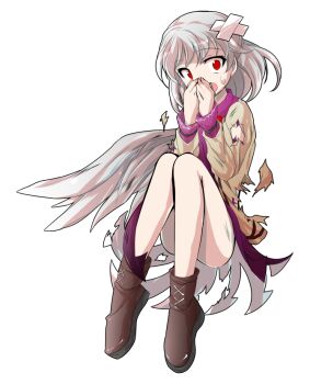 Rule 34 | 1girl, alphes (style), beaten, brown shoes, commentary request, convenient leg, covering own mouth, crossed bandaids, dairi, defeat, dress, full body, grey hair, hand over own mouth, jacket, kishin sagume, large variant set, open clothes, open jacket, parody, purple dress, shoes, short hair, single wing, solo, style parody, tachi-e, thighs, torn clothes, touhou, transparent background, variant set, wings