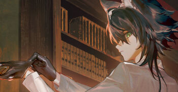 1boy adjusting_clothes adjusting_gloves ahoge animal_ears arknights black_gloves black_hair book bookshelf closed_mouth collared_jacket commentary_request gloves green_eyes guest_art hou_(ppo) indoors jacket male_focus profile solo upper_body vigil_(arknights) white_jacket wolf_boy wolf_ears