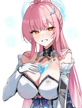 Rule 34 | 1girl, absurdres, aemeath (wuthering waves), bare shoulders, breasts, cleavage, commentary, gloves, hair ornament, hand on own chest, highres, large breasts, light blush, long hair, looking at viewer, orange eyes, oxooxo666, pink hair, simple background, smile, solo, star-shaped pupils, star (symbol), symbol-shaped pupils, tacet mark (wuthering waves), upper body, white background, white gloves, wuthering waves