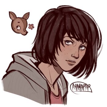 Rule 34 | 1girl, 4yayapap, brown hair, commentary, english commentary, grey hoodie, highres, hood, hoodie, life is strange (series), life is strange 1, looking at viewer, max caulfield, portrait, short hair, signature, simple background, solo, upper body, white background