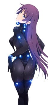 1girl absurdres ass bakemonogatari black_bodysuit black_boots bodysuit boots breasts crossover from_behind gantz gantz_suit highres impossible_bodysuit impossible_clothes long_hair looking_at_viewer looking_back medium_breasts monogatari_(series) na-suke purple_hair senjougahara_hitagi simple_background solo standing thigh_boots white_background