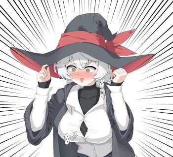 absurdres blue_archive blush bow bowtie braid eri_(blue_archive) halo hat highres holding_headgear jacket l&amp;p long_coat long_hair orange_eyes popped_button shirt skirt sleeves_past_wrists sweater white_hair witch_hat worried