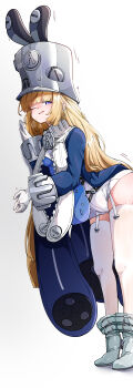 1girl absurdres against_wall blonde_hair blue_jacket blush breasts caseee999 commentary_request from_side garter_straps gloves grey_hat hat highres jacket large_hat long_hair looking_at_viewer norma_hollowell one_eye_closed open_mouth purple_eyes shako_cap simple_background solo sweat thighhighs thighs very_long_hair white_background white_garter_straps white_gloves white_thighhighs zenless_zone_zero