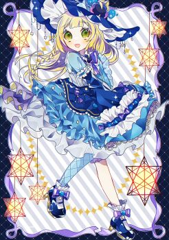 Rule 34 | 1girl, :d, alternate costume, blonde hair, blue border, blue dress, blue hat, blue pantyhose, blue shoes, blunt bangs, border, bow, bowtie, braid, character hair ornament, cosmog, cosmog (cosplay), cosplay, dress, frilled dress, frills, full body, gen 7 pokemon, green eyes, grey background, hair ornament, hat, highres, legendary pokemon, lillie (pokemon), long hair, looking at viewer, nintendo, open mouth, pantyhose, pokemon, pokemon sm, purple bow, shoes, simple background, single braid, single leg pantyhose, smile, solo, standing, to camellia, witch hat