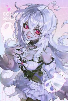 1girl ahoge bell black_choker black_corset black_nails choker colored_skin corset dress frilled_skirt frills glittermoonie grey_skin heart heart_ahoge jingle_bell layered_skirt non-web_source pink_eyes skirt white_dress white_hair