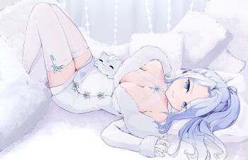 1girl absurdres bare_shoulders blue_eyes blue_hair breasts butterfly_brooch cleavage coat eienart fur_coat gloves high_ponytail highres indie_virtual_youtuber large_breasts light_smile long_sleeves looking_at_viewer lying monarch_amalee on_back pillow ponytail scuffling_(amalee) thighhighs thighs virtual_youtuber white_gloves white_thighhighs