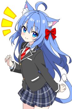1girl ahoge animal_ear_fluff animal_ears black_jacket blue-haired_cat_girl_(kotatsu-mazoku) blue_eyes blue_hair blue_skirt blush bow cat_ears cat_girl cat_tail closed_mouth collared_shirt commentary_request cowboy_shot dot_nose hair_bow hand_up highres jacket kotatsu-mazoku long_hair long_sleeves looking_at_viewer necktie notice_lines original plaid_clothes plaid_skirt pleated_skirt red_bow red_necktie school_uniform shirt simple_background skirt smile solo striped_necktie tail white_background white_shirt