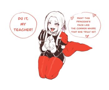 1girl blush cape clenched_hands cupping_hands edelgard_von_hresvelg english_text fire_emblem fire_emblem:_three_houses gloves juliet_sleeves limited_palette long_hair long_sleeves looking_at_viewer nintendo nyantcha oral_invitation own_hands_together pantyhose puffy_sleeves red_cape red_pantyhose seiza simple_background sitting smile solo speech_bubble tongue tongue_out waiting_for_cum white_background