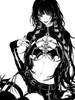 1girl bat_bra belt belt_buckle bra breasts buckle closed_mouth cowboy_shot fingernails greyscale hand_up highres jewelry lips long_hair long_sleeves looking_at_viewer medium_breasts monochrome navel original ring short_shorts shorts shrug_(clothing) simple_background sitting sleeves_past_wrists smile solo stomach teeniika underwear white_background wispy_bangs zipper