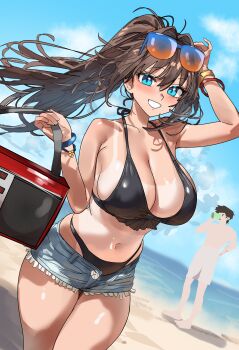 1boy 1girl absurdres aozaki_aoko bare_shoulders beach bikini black_bikini blue_eyes blue_shorts blush breasts brown_hair cleavage ebora grin hair_intakes highres large_breasts long_hair looking_at_viewer mahou_tsukai_no_yoru male_swimwear navel outdoors revision shizuki_soujuurou shore short_hair short_shorts shorts sidelocks smile solo_focus sunglasses swim_trunks swimsuit tan thighs white_shorts