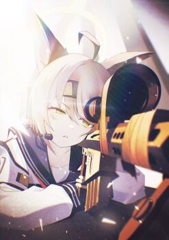 1girl ahoge animal_ears anti-materiel_rifle barrett_m82 black_sailor_collar blue_archive commentary_request ear_protection film_grain fox_ears green_eyes gun halo highres holding holding_weapon looking_through_scope neckerchief otogi_(blue_archive) red_neckerchief rifle sailor_collar school_uniform scope serafuku sniper_rifle solo tactical_school_uniform ula_ula00 upper_body weapon