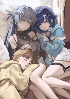 3girls absurdres arm_strap bare_shoulders belt black_belt black_bra black_dress black_nails blue_bow blue_eyes blue_hair blue_hoodie bone_hair_ornament bow bra bra_strap brown_hair chain chain_necklace commentary_request dress drooling ear_piercing flower gradient_eyes grey_hair grin hair_flower hair_ornament hand_on_another&#039;s_thigh highres hood hoodie jewelry lap_pillow lock long_hair looking_at_viewer lying miroku_mosman multicolored_eyes multiple_girls necklace open_mouth overall_shorts overalls padlock piercing sendo_yuuhi sendo_yuuhi_(1st_costume) short_hair skindentation smile strap_slip thigh_strap tsumugi_kokage underwear very_long_hair virtual_youtuber vspo! white_overalls yano_kuromu yano_kuromu_(1st_costume) yellow_eyes yellow_hoodie