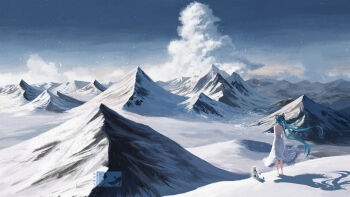 Rule 34 | 1girl, absurdres, ac66666, aqua hair, arms at sides, barefoot, blue sky, cat, chinese commentary, cloud, commentary, day, dress, floating hair, from behind, hatsune miku, highres, long hair, mountain, mountainous horizon, outdoors, scenery, shadow, sky, sleeveless, sleeveless dress, snow, solo, standing, twintails, very long hair, vocaloid, watermark, white dress, wide shot