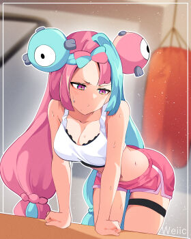 1girl absurdres alternate_costume annoyed aqua_hair arm_support artist_name breasts character_hair_ornament cleavage collarbone crop_top dolphin_shorts hair_ornament highres iono_(pokemon) large_breasts midriff multicolored_hair navel nintendo pink_eyes pink_hair pokemon pokemon_sv punching_bag short_shorts shorts sweat thigh_strap twintails two-tone_hair v-shaped_eyebrows weiic