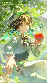 1boy 1other absurdres apple beret bishounen bow bowtie braid closed_mouth day eyelashes food fruit genshin_impact green_eyes green_hat hair_between_eyes hat highres holding holding_food holding_fruit leaf long_hair long_sleeves looking_at_viewer meicai outdoors pantyhose shorts sitting solo_focus sunlight venti_(genshin_impact) watermark