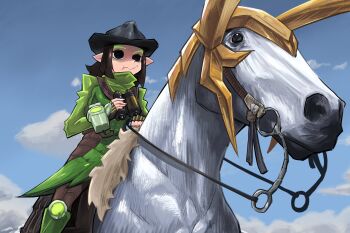 1girl absurdres alien antennae black_hair eyeshadow green_eyeshadow guardians_of_the_galaxy hat hebinalmeog highres horse loki_(marvel) long_hair looking_at_viewer makeup mantis_(marvel) marvel marvel_rivals pointy_ears