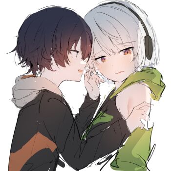 2girls absurdres anby_demara belle_(zenless_zone_zero) black_hair black_jacket blush green_jacket grey_hair hand_in_another's_hair hand_on_another's_arm headphones highres jacket katata multiple_girls open_mouth orange_eyes parted_lips short_hair simple_background smile white_background yuri zenless_zone_zero