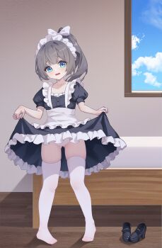 1girl absurdres apron bed bedroom black_dress black_shoes blue_eyes brown_hair clothes_lift cloud dress dress_lift full_body gluteal_fold highres indoors lifting_own_clothes loli long_hair looking_at_viewer maid maid_headdress no_shoes open_mouth original panties ponytail ribbon shoes short_sleeves sky solo standing takahashi_yuri_(hfdyzhsr) thighhighs thighs underwear unworn_shoes white_apron white_panties white_ribbon white_thighhighs window wooden_floor