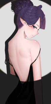 1girl absurdres alternate_costume alternate_hairstyle arm_at_side back backless_dress backless_outfit bare_back bare_shoulders black_dress blue_eyes blunt_bangs blush closed_mouth cocktail_dress commentary double_strap_slip dress eyelashes from_behind from_side hair_bun hair_up highres hololive hololive_english ina's_back_(meme) looking_at_viewer median_furrow meme nape ninomae_ina'nis pointy_ears profile purple_hair short_hair single_hair_bun sleeveless sleeveless_dress solo spaghetti_strap sports_bra spotlight strap_slip sweetwhite tentacle_hair untranslatable_commentary virtual_youtuber
