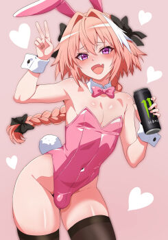 1boy :d absurdres androgynous animal_ears armpit_crease armpits astolfo_(fate) astolfo_monster_cosplay_(meme) bare_arms bare_shoulders black_bow black_thighhighs blush bow braid breasts bulge can cleavage covered_navel cowboy_shot crossdressing crossdressing_(mtf) curvy detached_collar drink_can fake_animal_ears fang fate/apocrypha fate_(series) hair_between_eyes hair_bow hair_intakes hand_up heart highleg highleg_leotard highres holding holding_can leotard long_hair looking_at_viewer male_focus male_playboy_bunny meme monster_energy open_mouth pink_background pink_bow pink_hair pink_leotard pink_theme playboy_bunny purple_eyes rabbit_ears rabbit_tail shiny_skin simple_background single_braid single_hair_streak skin_fang smile solo strapless strapless_leotard tail thighhighs trap v white_hair wide_hips wrist_cuffs zanegoodell