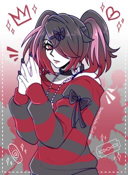 1girl absurdres alternate_costume ame-chan_(needy_girl_overdose) black_hair bow collar commentary cowboy_shot english_commentary hair_bow hair_over_one_eye head_tilt highres jewelry looking_at_viewer necklace needy_girl_overdose pink_streaks red_eyes shoulder_bow solo steepled_fingers striped_clothes striped_sweater sweater tempusumbra twintails