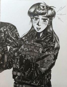 1girl 25th_airborne_brigade_"sicheslav" bordfunker133 bulletproof_vest camouflage camouflage_jacket digital_camouflage freckles greyscale happy helmet highres holding holding_unworn_helmet jacket lipstick load_bearing_vest long_hair looking_at_viewer makeup military mole mole_on_cheek mole_under_mouth monochrome open_collar open_mouth original paratrooper patch photo_(medium) russo-ukrainian_war sasha_shoshnikova shirt shoulder_patch smile soldier solo striped_clothes striped_shirt tactical_gloves telnyashka ukrainian_ground_forces unit_patch unworn_headwear unworn_helmet upper_body