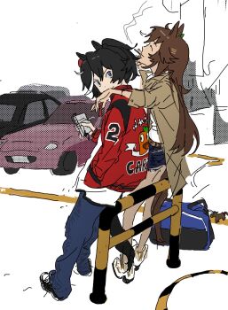 2girls ^_^ aeo444 animal_ears arm_around_back bag bare_legs belt black_hair black_shoes blue_bag blue_eyes blue_pants blue_skirt boots bow brown_belt brown_jacket car caution_tape cigarette cigarette_pack closed_eyes closed_mouth collared_jacket denim denim_skirt duffel_bag ear_bow flat_color fringe_trim from_behind full_body green_bow hair_between_eyes hair_ornament hairclip highres holding holding_cigarette holding_cigarette_pack horse_ears horse_girl horse_tail jacket jeans jersey katsuragi_ace_(casual)_(umamusume) katsuragi_ace_(umamusume) lapels leaning long_sleeves miniskirt motor_vehicle mr._c.b._(casual)_(umamusume) mr._c.b._(umamusume) multicolored_hair multiple_girls open_clothes open_jacket outdoors pants parallel_hairclips pointy_nose ponytail red_jacket shirt shoes short_hair short_ponytail skirt smile smoke smoking sneakers standing streaked_hair striped_bow tail umamusume v-shaped_eyebrows white_background white_boots white_shirt