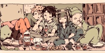 4boys animification beanie blonde_hair book can cola crowded eric_cartman fat fat_man food fur_hat hat highres jacket kenny_mccormick kyle_broflovski motion_lines multiple_boys nintendo_switch nomi_mushi orange_jacket pajamas parka sepia socks south_park stan_marsh terrance_&amp;_philip ushanka